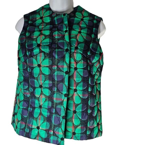 Vintage 70s Vest Womens Size M Green Flower Quilted Polyester Open Front - Picture 3 of 10